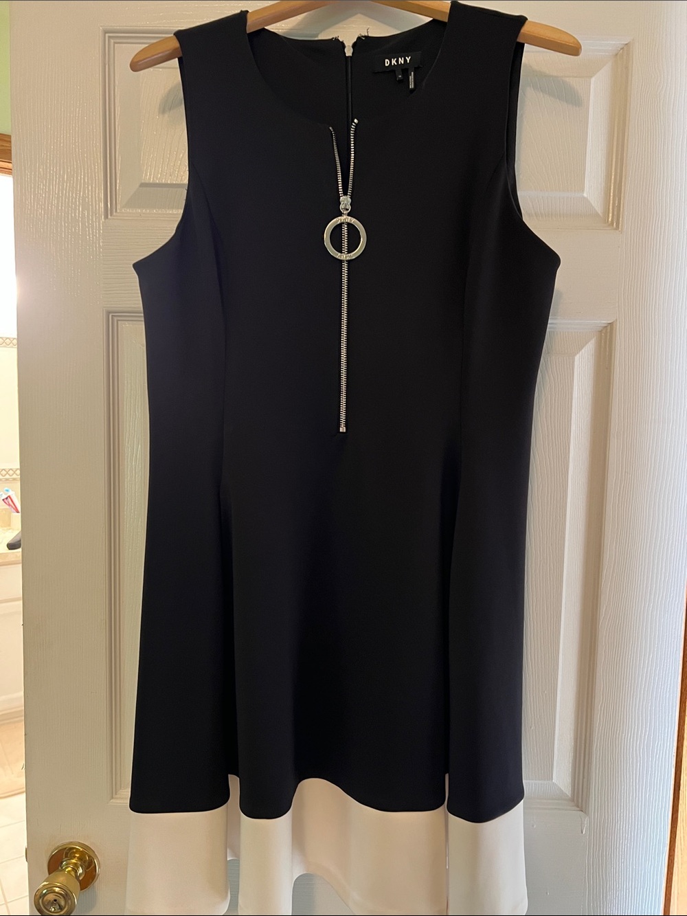 DKNY Black Shift Dress with White Hem and Ring-Zip Detail